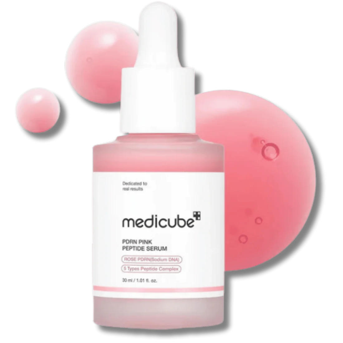 Medicube pink serum bottle with dropper on a white background