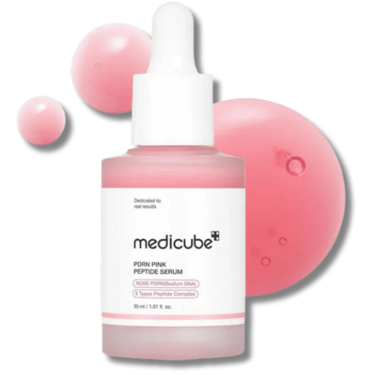 Medicube pink serum bottle with dropper on a white background
