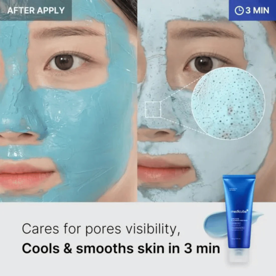 Before and after application of a facial mask with product packaging displayed.