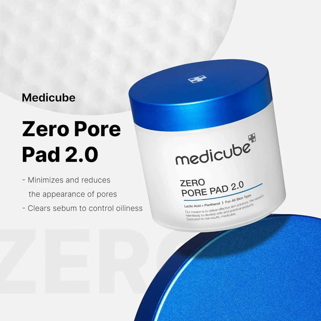 Medicube Zero Pore Pad 2.0 jar with blue lid on a white background