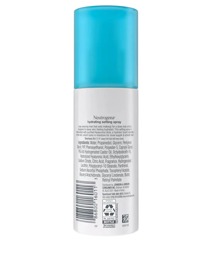 Neutrogena hydrating setting spray with blue cap on a white background