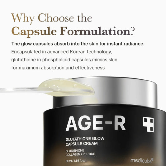 AGE-R glutathione glow capsule cream with text explaining its benefits on a white background