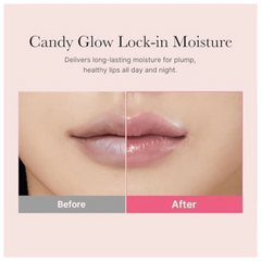 Lips before and after using Candy Glow Lock-in Moisture product on a pink background.