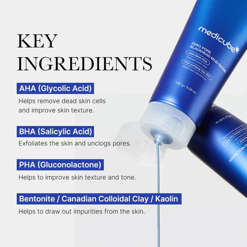 Blue tube of Medicube product with key ingredients listed on a white background