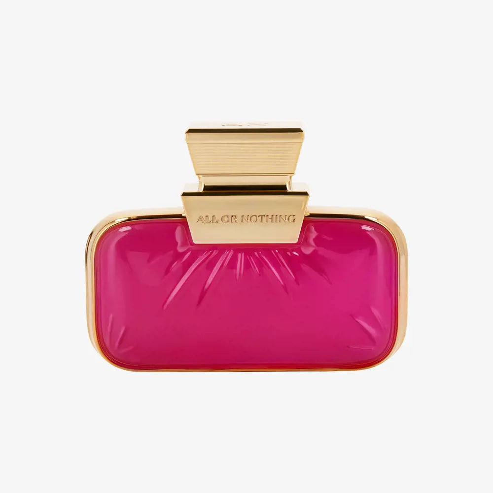 Pink clutch with gold accents on a white background