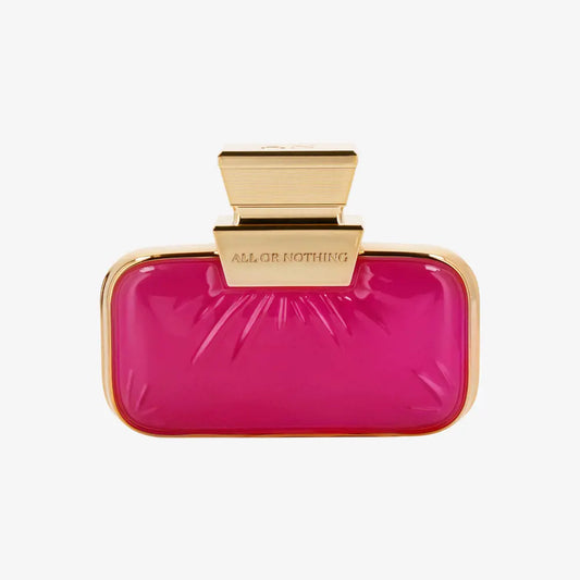 Pink clutch with gold accents on a white background