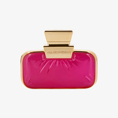 Pink clutch with gold accents on a white background