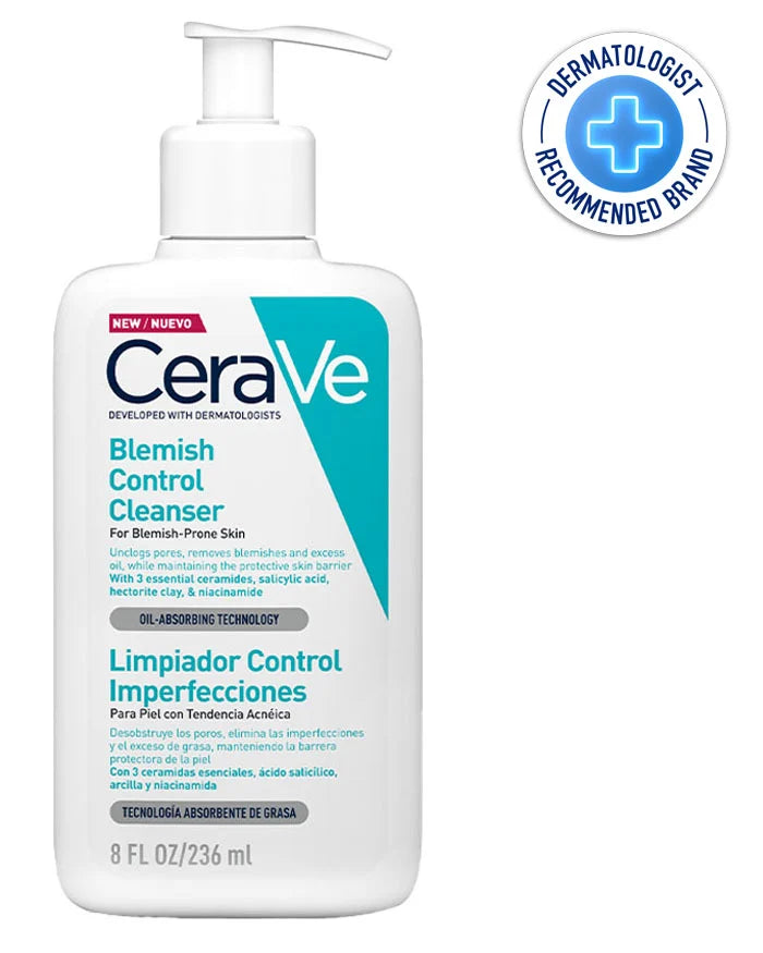 CeraVe blemish control cleanser bottle with dermatologist recommended badge on a white background