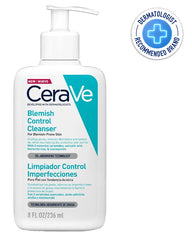 CeraVe blemish control cleanser bottle with dermatologist recommended badge on a white background