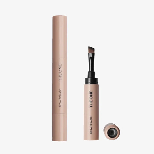 Brow pomade with applicator and packaging on a white background