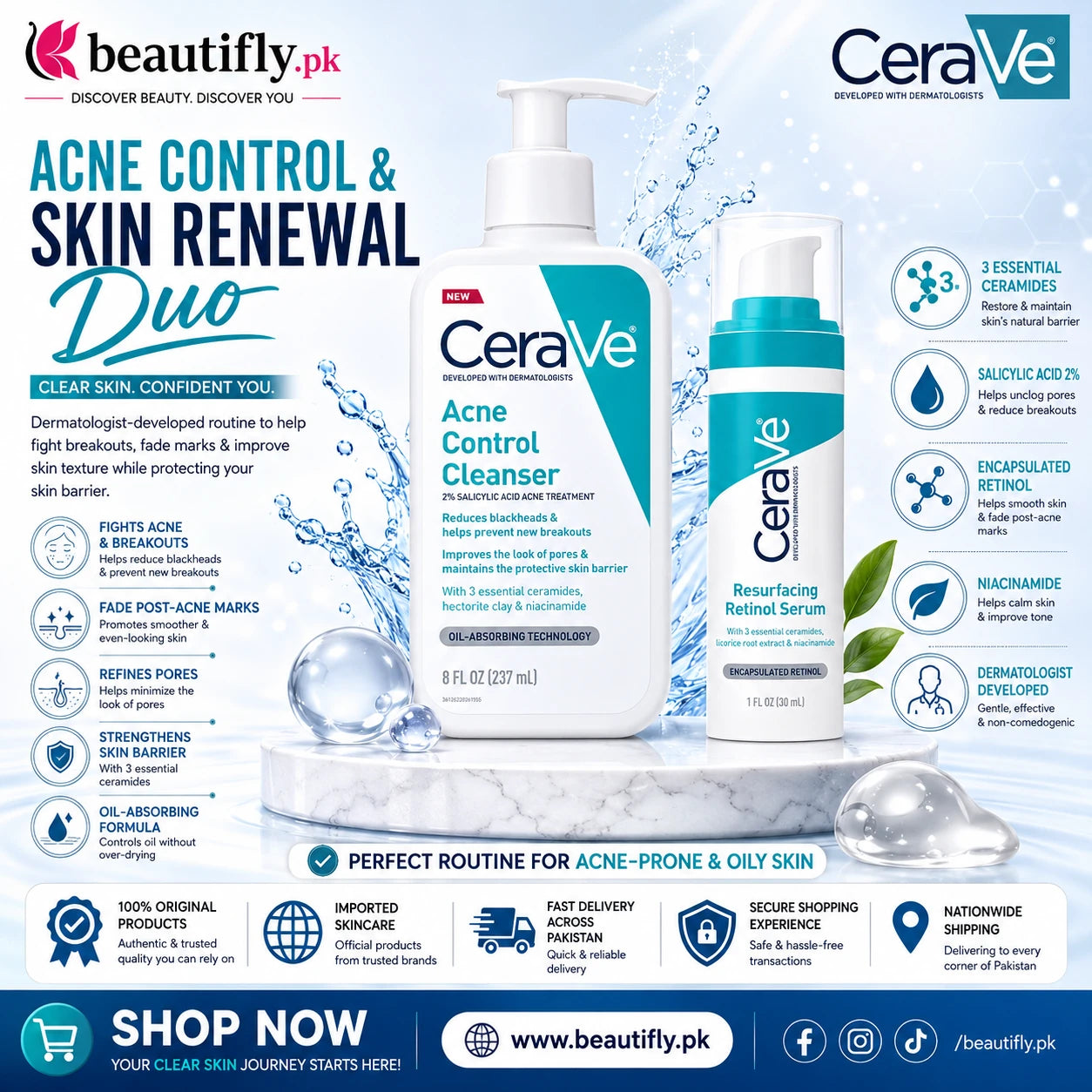CeraVe Acne Control Cleanser And Resurfacing Retinol Serum Duo Bundle
