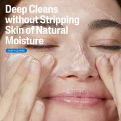 Person applying facial cleanser with text 'Deep Cleans without Stripping Skin of Natural Moisture' on a beige background