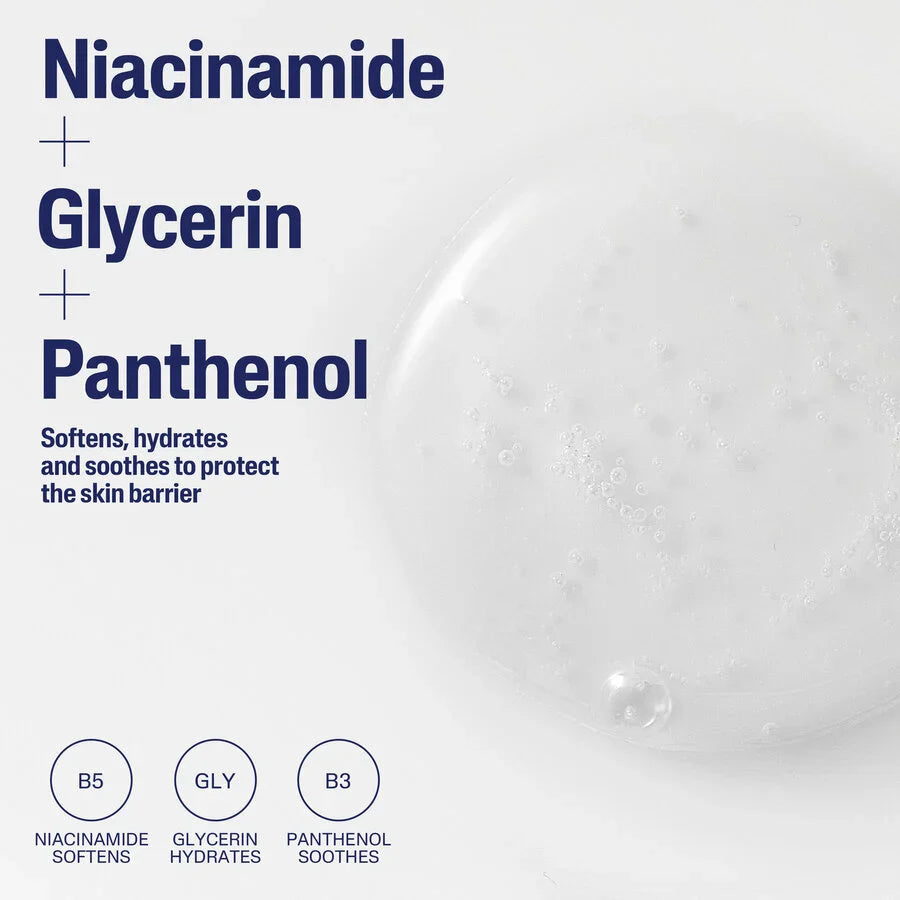 Product label with niacinamide, glycerin, and panthenol text on a white background