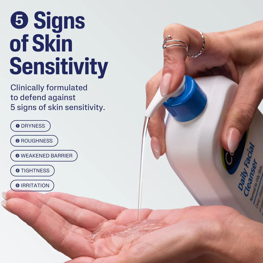 Hand holding a bottle of Daily Facial Cleanser with text on skin sensitivity and product features.