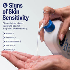 Hand holding a bottle of Daily Facial Cleanser with text on skin sensitivity and product features.