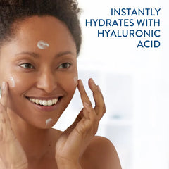 Woman applying cream to her face with text 'Instantly hydrates with hyaluronic acid' on a white background
