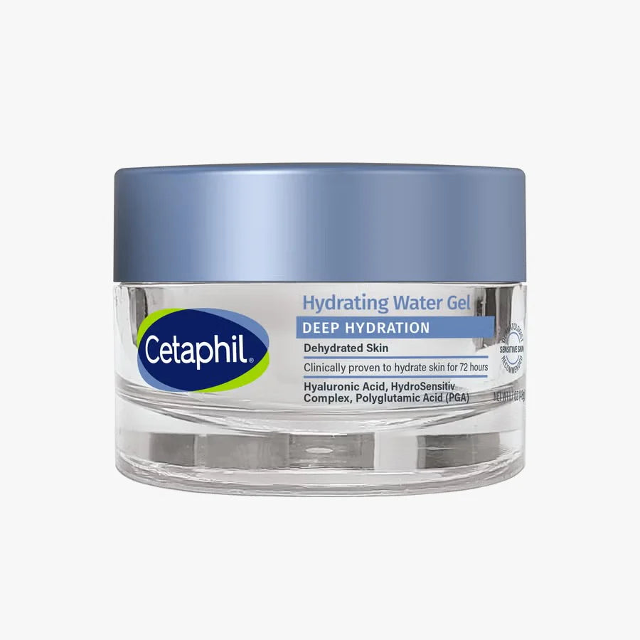 Cetaphil hydrating water gel jar on a white background