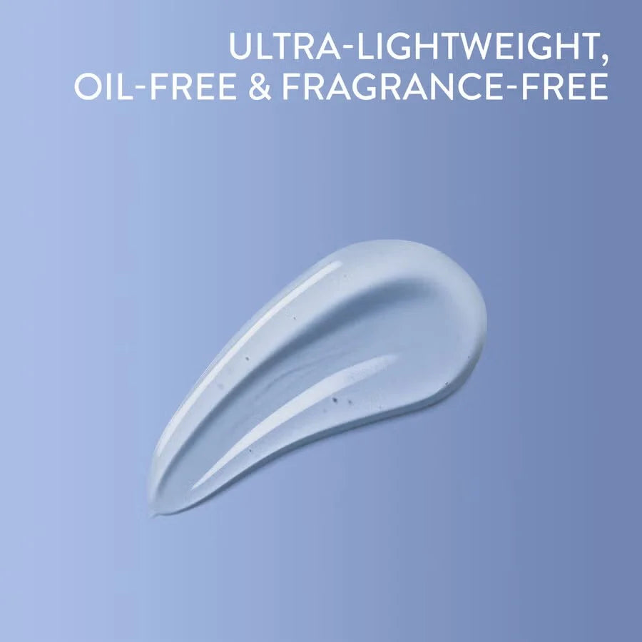 Ultra-lightweight, oil-free, and fragrance-free product on a blue background with text.