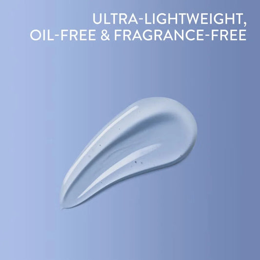 Ultra-lightweight, oil-free, and fragrance-free product on a blue background with text.