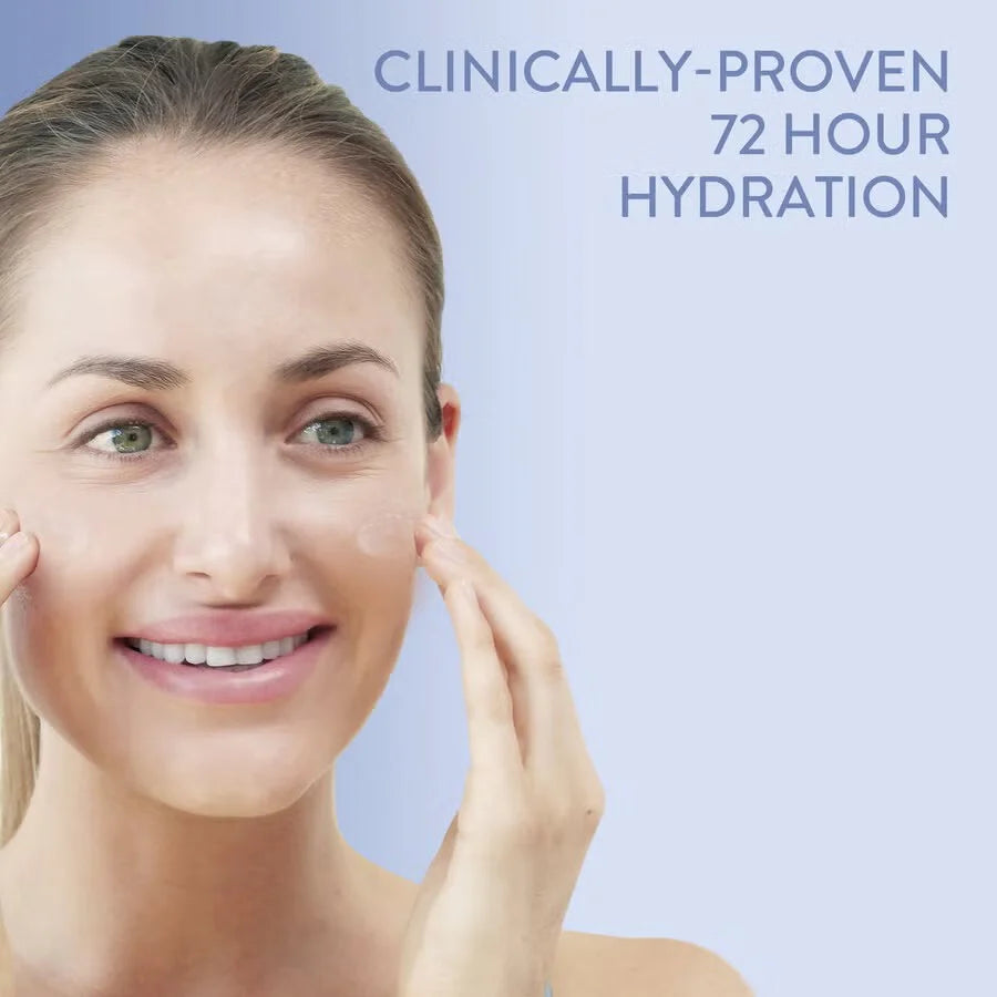 Woman touching her face with a text overlay about 72-hour hydration