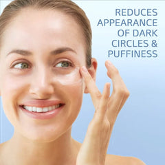 Woman applying cream under eye with text 'Reduces appearance of dark circles & puffiness' on a blue background
