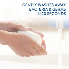 Hands holding a bar of soap with text indicating it washes away bacteria and germs in 20 seconds.