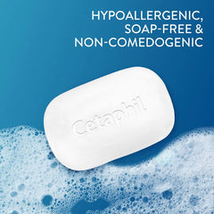 Cetaphil bar of soap with text on a blue background