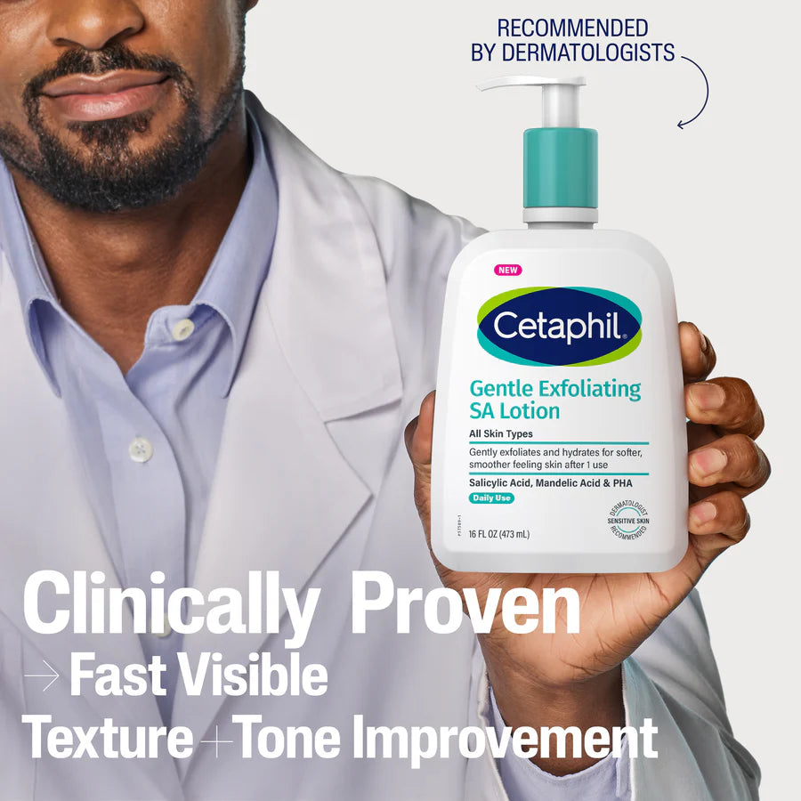 Man holding a bottle of Cetaphil Gentle Exfoliating SA Lotion with text about dermatologist recommendation and clinical proven benefits.