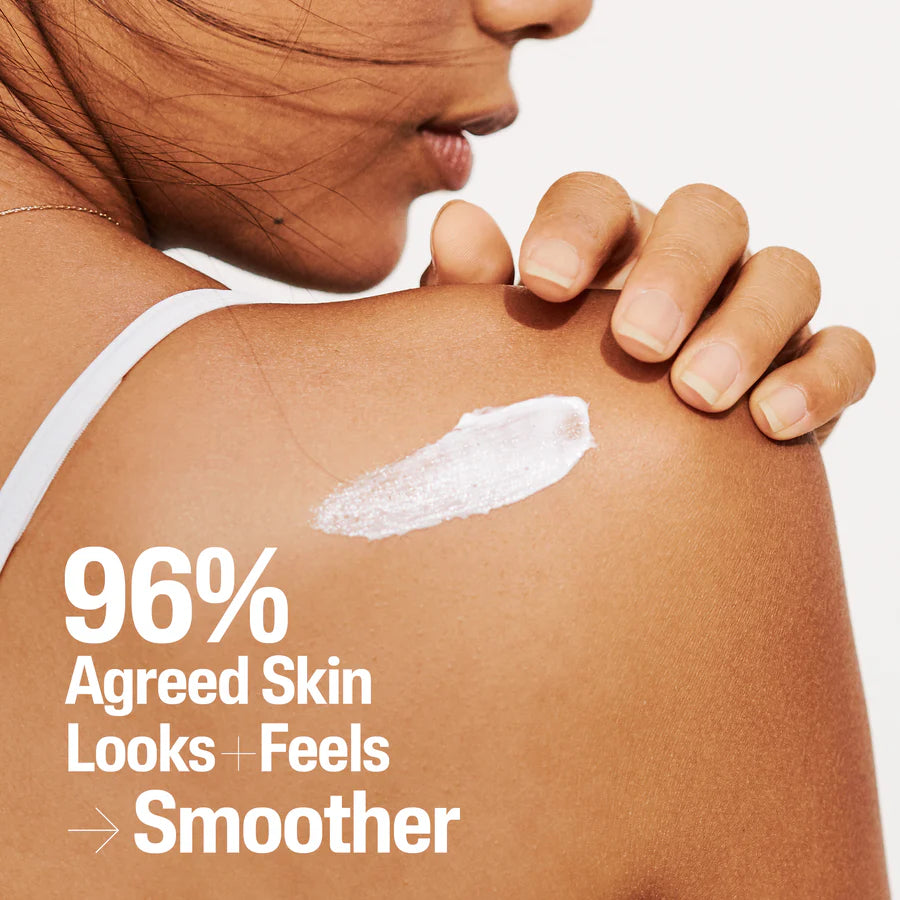 Person applying sunscreen to shoulder with text about skin smootherness