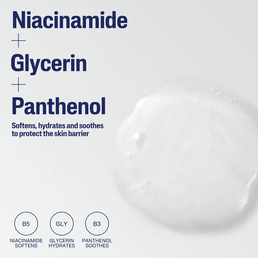 Product packaging with niacinamide, glycerin, and panthenol text on a white background