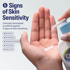 Hand holding a bottle of skincare product with text about skin sensitivity and defense.