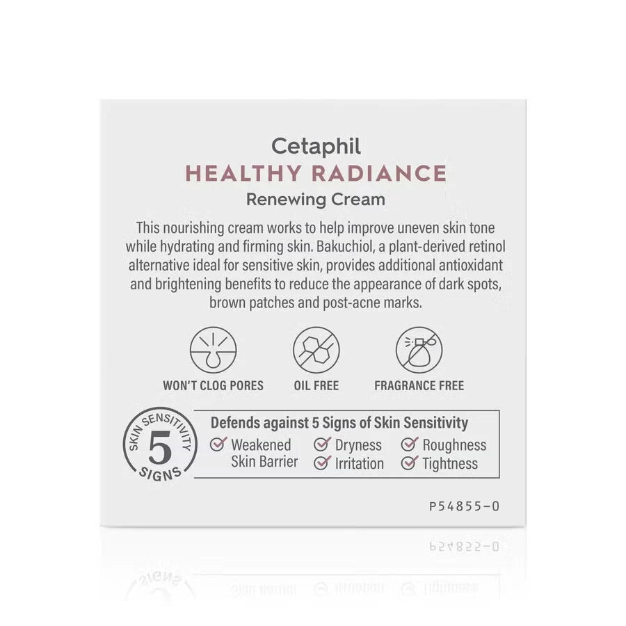 Cetaphil Healthy Radiance Renewing Cream packaging with text and icons on a white background