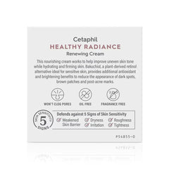 Cetaphil Healthy Radiance Renewing Cream packaging with text and icons on a white background
