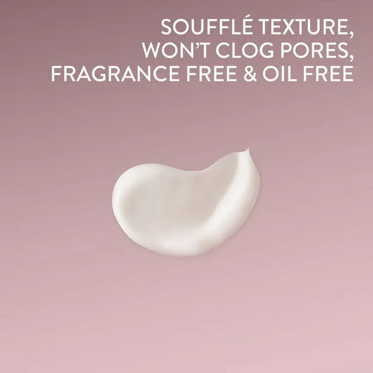 White cream texture on a pink background with text about product features.