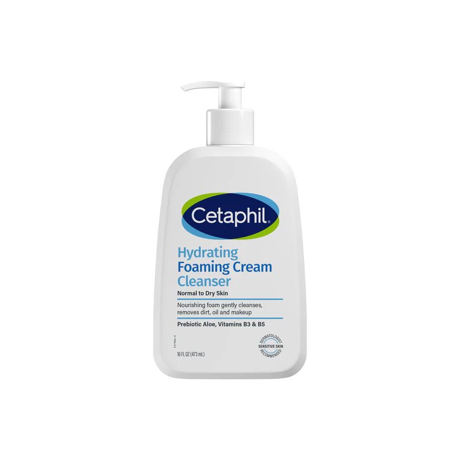 Cetaphil hydrating foaming cream cleanser bottle on a white background