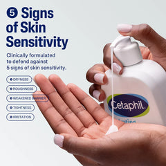 Cetaphil lotion being dispensed into a hand with text about skin sensitivity.