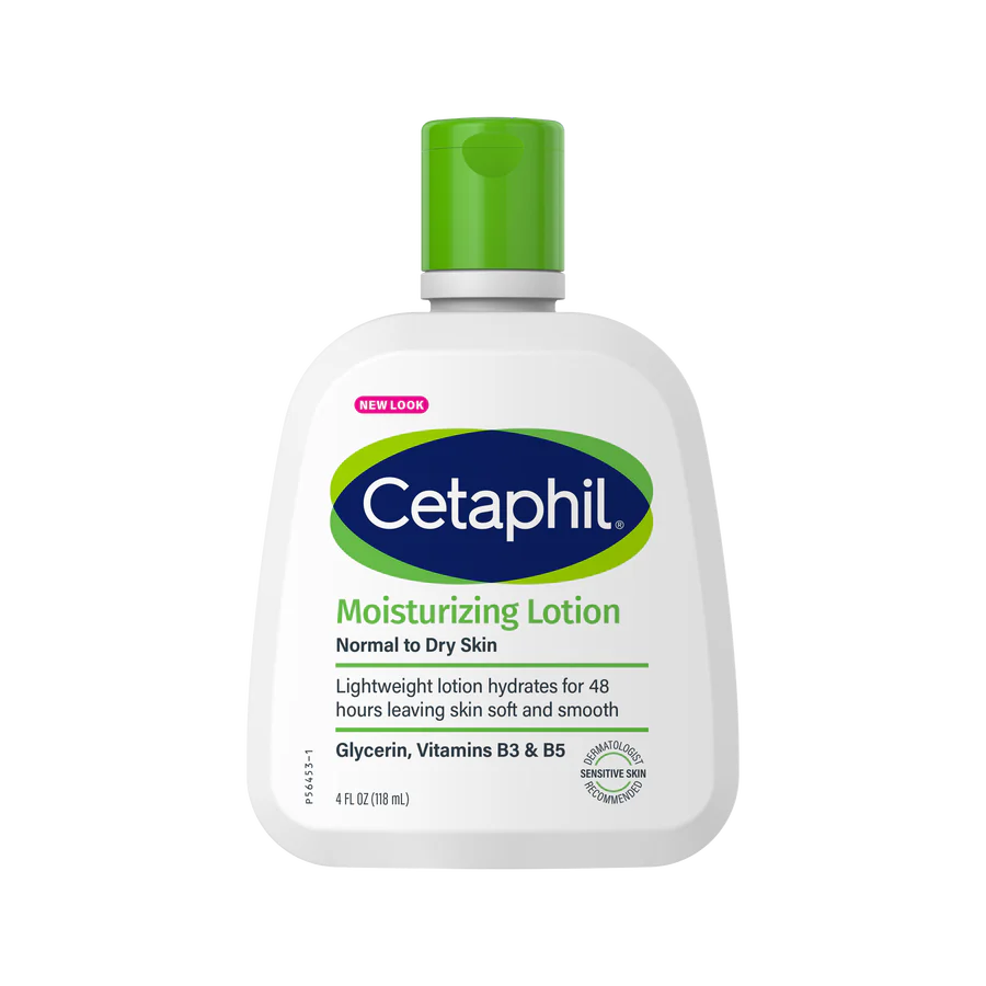 Cetaphil moisturizing lotion bottle with green cap on a white background