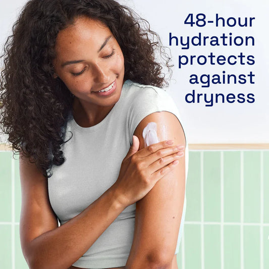 Woman applying cream to her arm with text about 48-hour hydration.