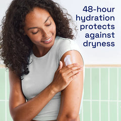 Woman applying cream to her arm with text about 48-hour hydration.