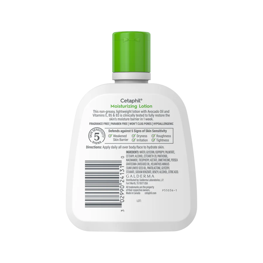 Cetaphil moisturizing lotion bottle with green cap on a white background