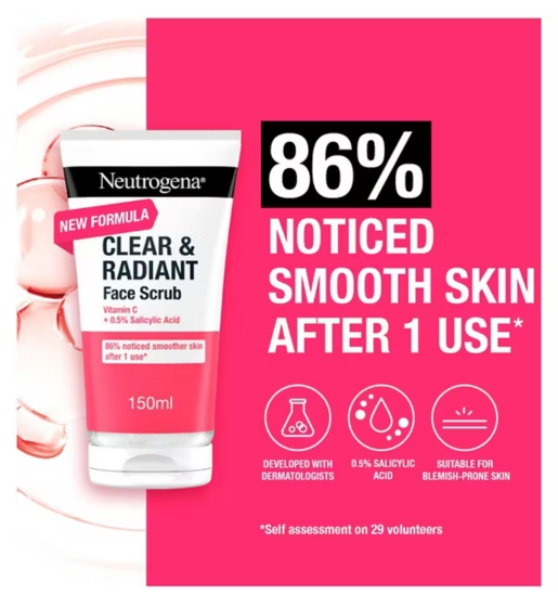 Neutrogena Clear & Radiant Face Scrub packaging with promotional text on a pink background