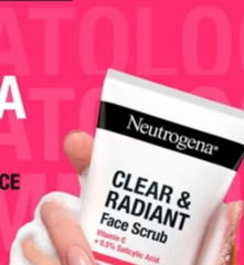 Neutrogena Clear & Radiant Face Scrub held by a hand with a pink background