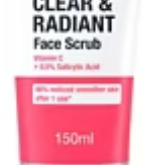 Clear and Radiant Face Scrub packaging with text on a white background