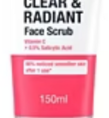 Clear and Radiant Face Scrub packaging with text on a white background