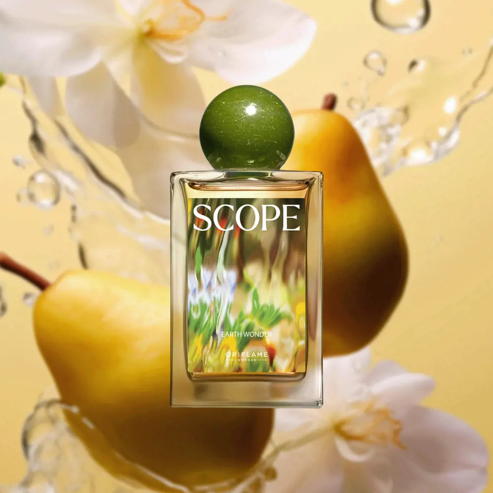 Perfume bottle labeled 'SCOPE' with a pear and flowers in the background