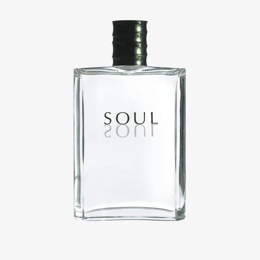 Clear perfume bottle labeled 'Soul' on a white background