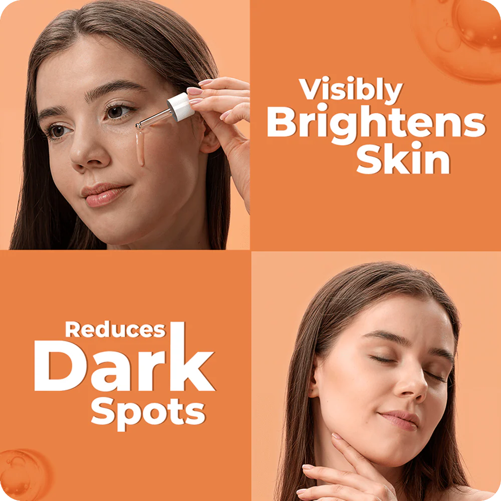 Product advertisement showing a woman applying a skincare product with text highlighting skin brightening and dark spot reduction.