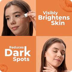 Product advertisement showing a woman applying a skincare product with text highlighting skin brightening and dark spot reduction.