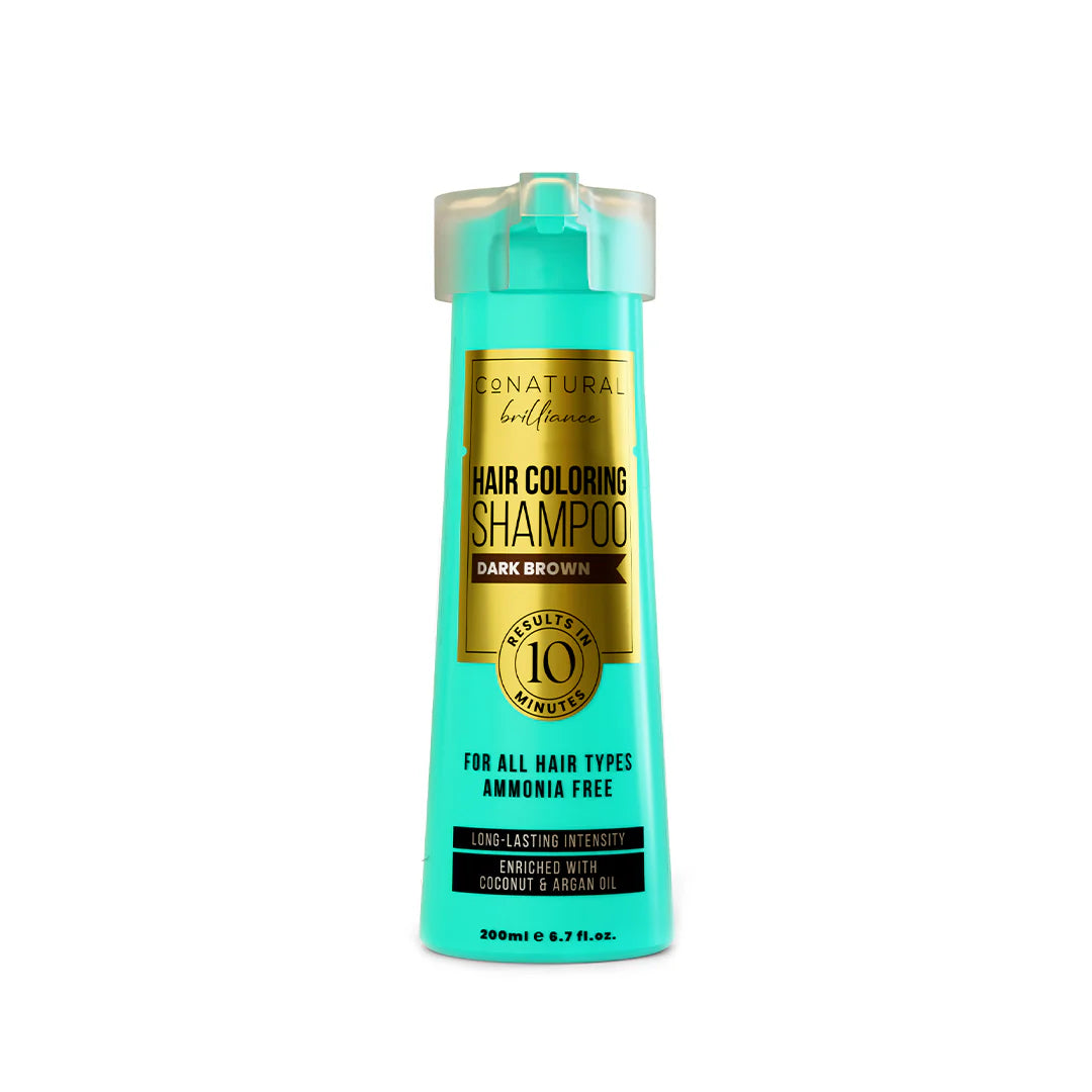 Hair coloring shampoo bottle with teal color and gold label on a white background