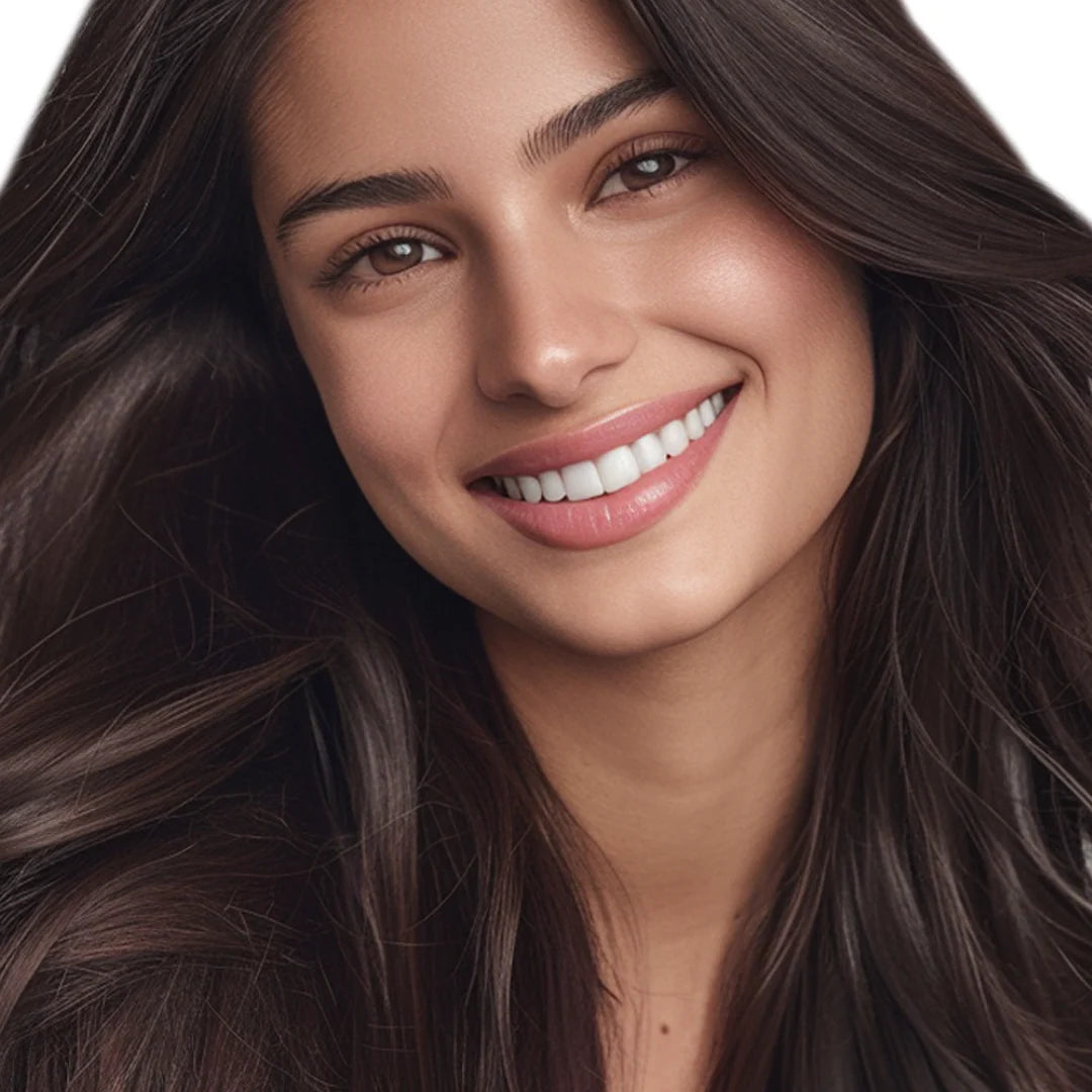 Close-up of a woman with long, dark hair smiling.